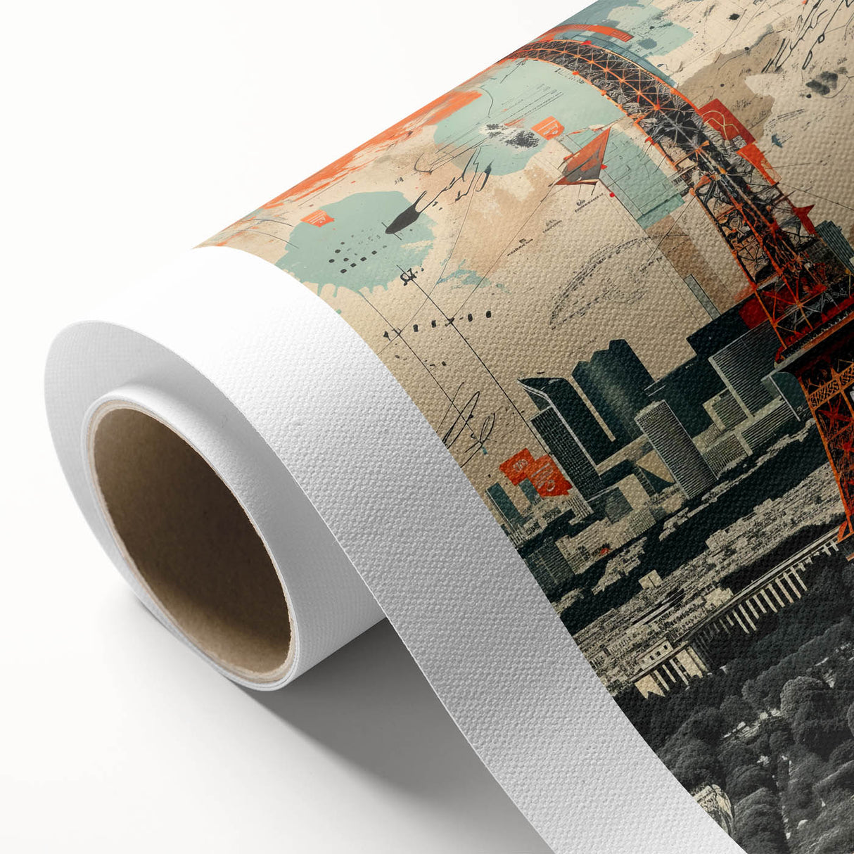 Art Deco style poster of Parisian scenery in pastel shades on rolled canvas.
