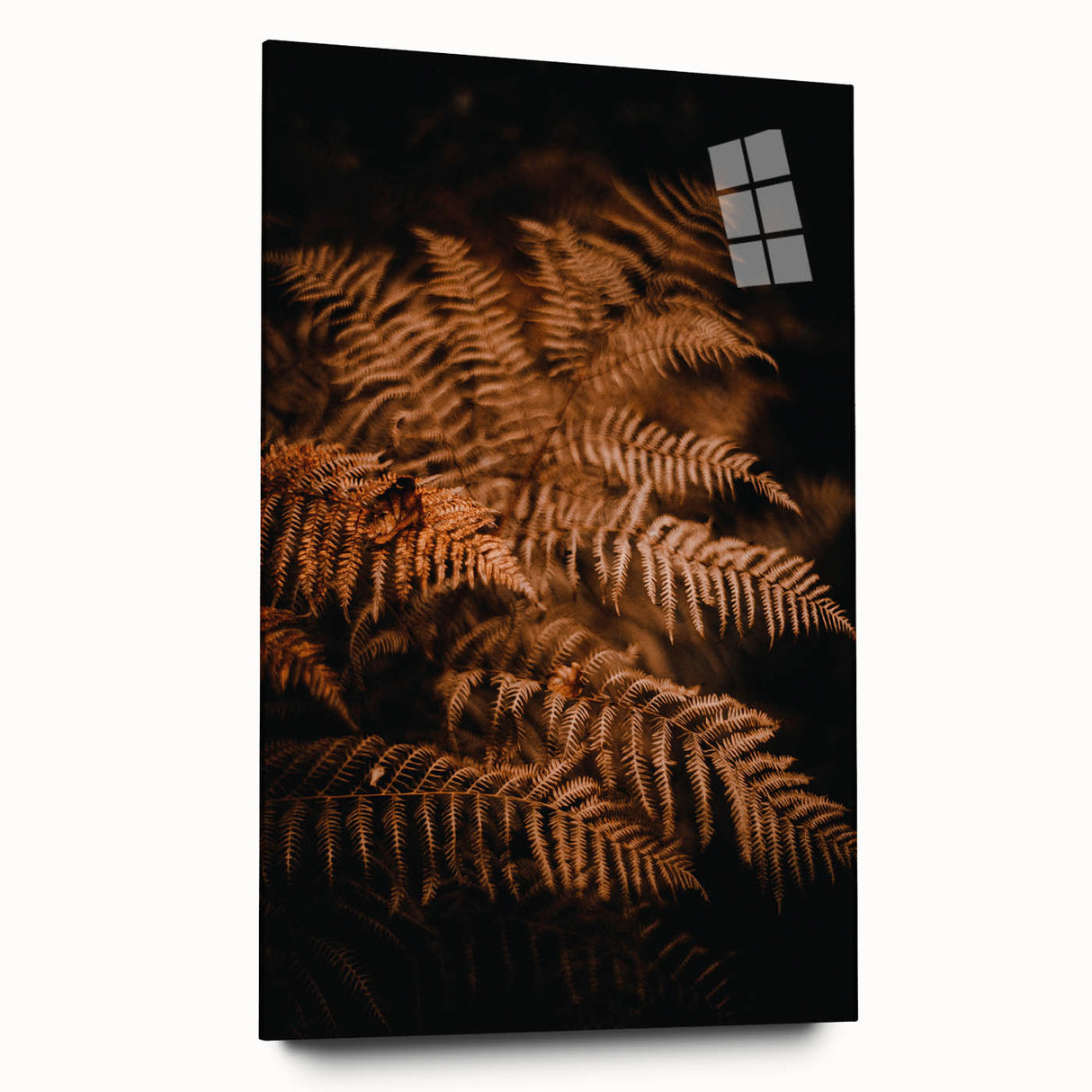 Large abstract wall art on acrylic glass depicting swirling autumn hues, ideal for bedroom or dining room decor.