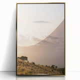 Large art print of a mid-century modernist summer scene, framed in gold acrylic, with vibrant green and yellow hues.