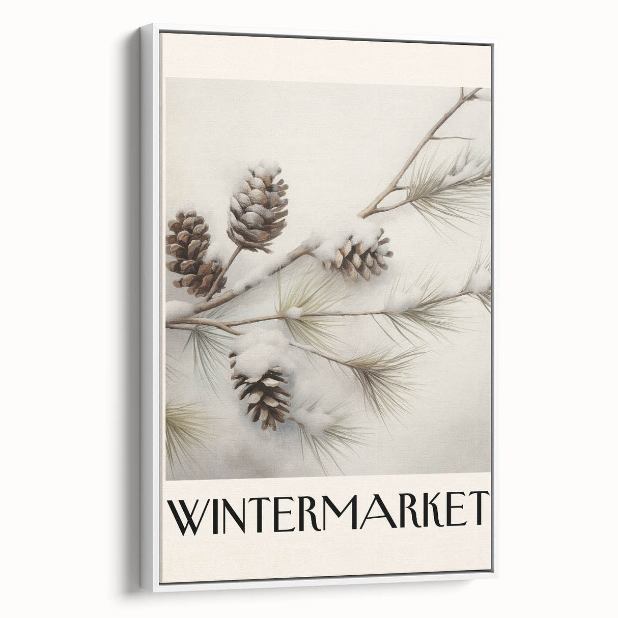 Framed canvas depicting a vintage poster art of a wintry scene in muted gray and white tones, ideal for living room decor.