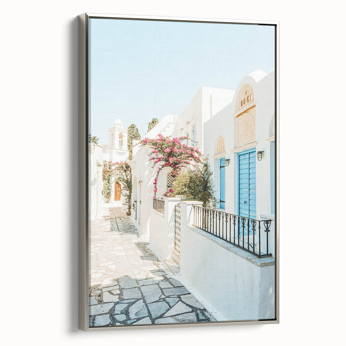 Landscape art painting on framed canvas featuring a colorful vintage poster design.