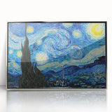Large art print of Van Gogh's painting in a silver frame, featuring vibrant yellows and blues on acrylic.
