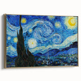 Side view of a framed canvas featuring Van Gogh-inspired landscape painting in muted gold and black tones.