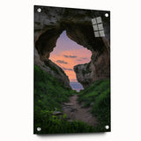 Acrylic glass artwork showcasing a vibrant landscape with caves, displayed from a side view, featuring distinct pin accents, ideal for modern decor.