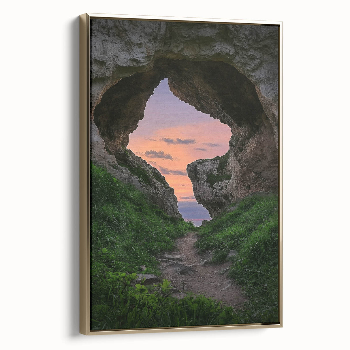 Framed canvas artwork depicting a serene landscape with caves and gold accents, showcasing a side view that highlights its intricate details and elegant design. Perfect for adding a touch of sophistication to home decor.