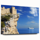 Acrylic glass artwork showcasing a serene landscape with dramatic cliffs and a vibrant sky, thoughtfully displayed in a side view without pins, ideal for modern decor.