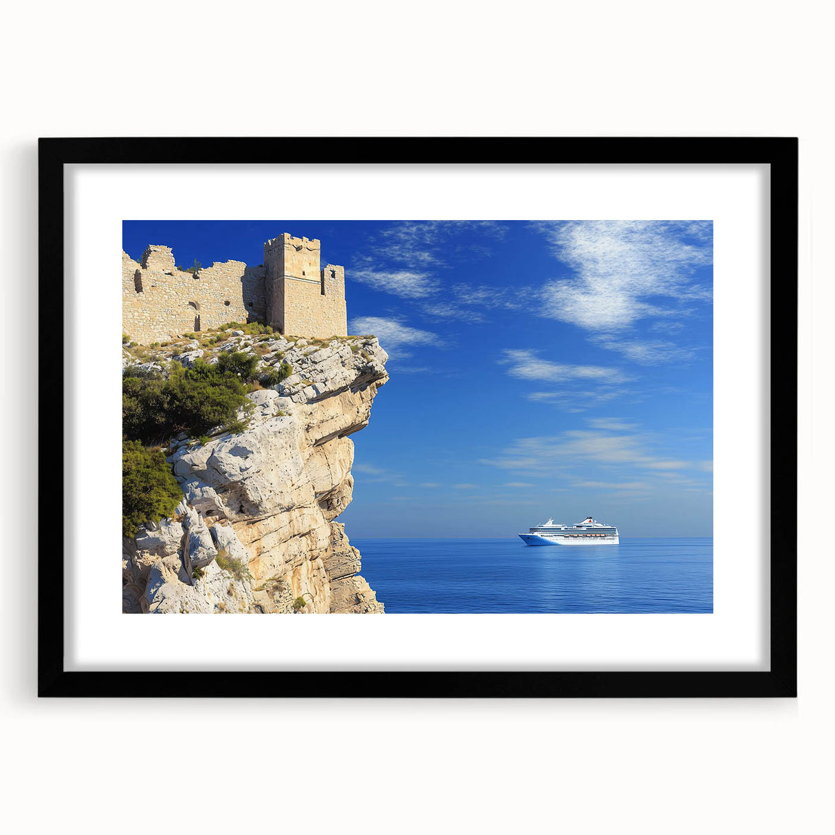 Framed landscape artwork showcasing dramatic cliffs in a black mat, ideal for home decor, highlighting natural beauty and artistic design. Perfect for modern interiors.