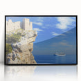 Framed acrylic artwork showcasing a dramatic cliff landscape in vibrant colors, featuring a sleek black frame, perfect for modern home decor or office spaces.