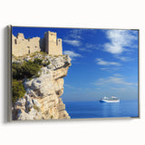 Framed canvas artwork showcasing a stunning landscape of cliffs, featuring a silver side profile that enhances its modern aesthetic, ideal for home decor.