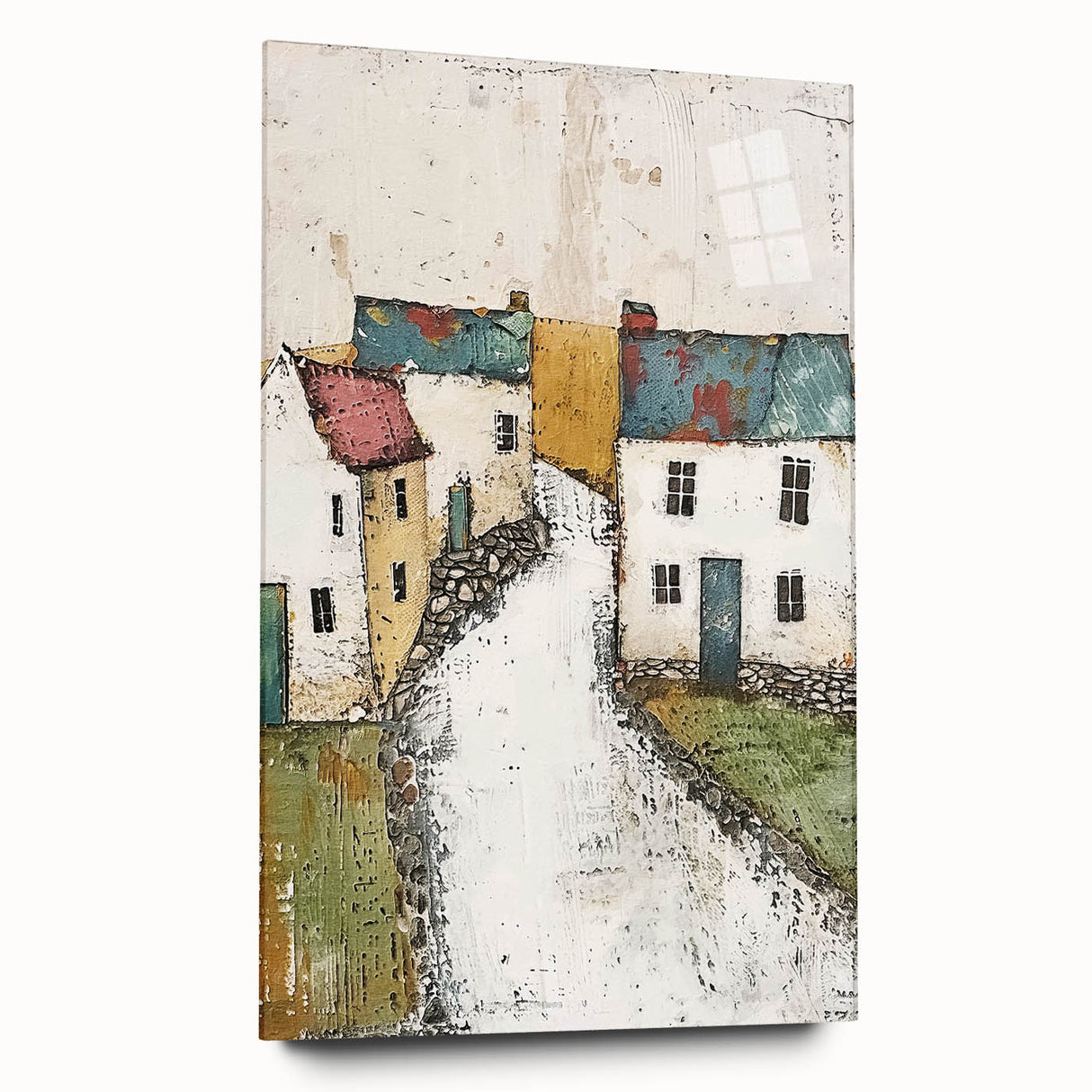 Abstract architectural wall art design printed on acrylic glass, showcasing a modern side view with vibrant colors and sleek lines, ideal for contemporary decor.