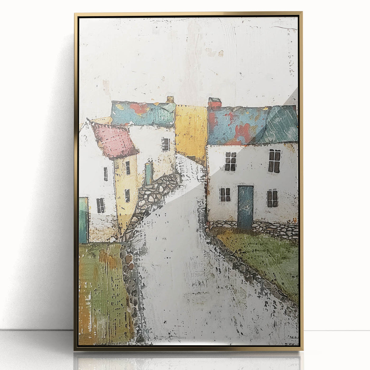 Framed abstract architecture wall art featuring gold accents and a modern design, displayed against a neutral background, perfect for contemporary home decor.