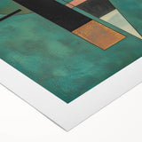 Abstract geometric design on rolled canvas featuring vibrant colors and intricate shapes, presented in a protective cardboard tube for easy storage and display.