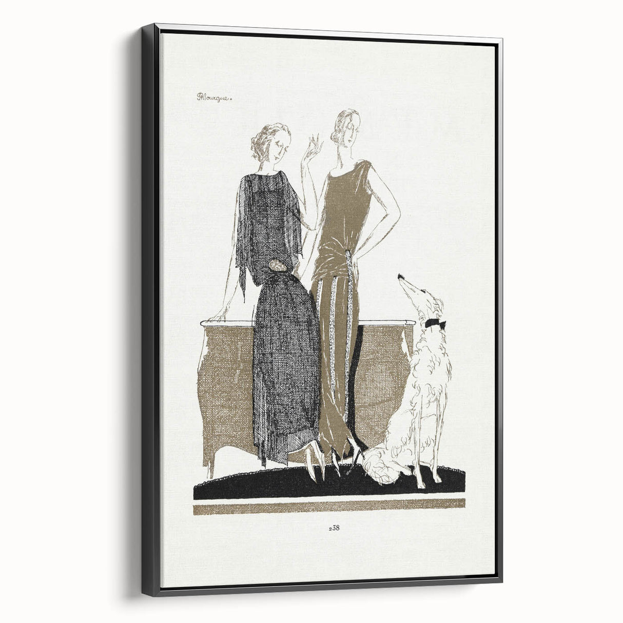 Elegant Art Deco Wall Art - Two Fashionable Women and Dog Illustration