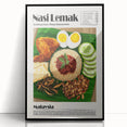 Large abstract wall art featuring assorted food dishes in muted earth tones, framed in black acrylic.