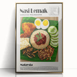 Large art print of assorted food dishes in gold frame, featuring mid-century modernist style.