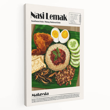 Large canvas featuring an array of colorful food dishes, ideal for kitchen wall art.
