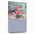 Large abstract wall art on acrylic glass depicting swirling hues of blue and gold, ideal for dining room decor.