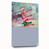 Large abstract wall art on acrylic glass depicting swirling hues of blue and gold, ideal for dining room decor.