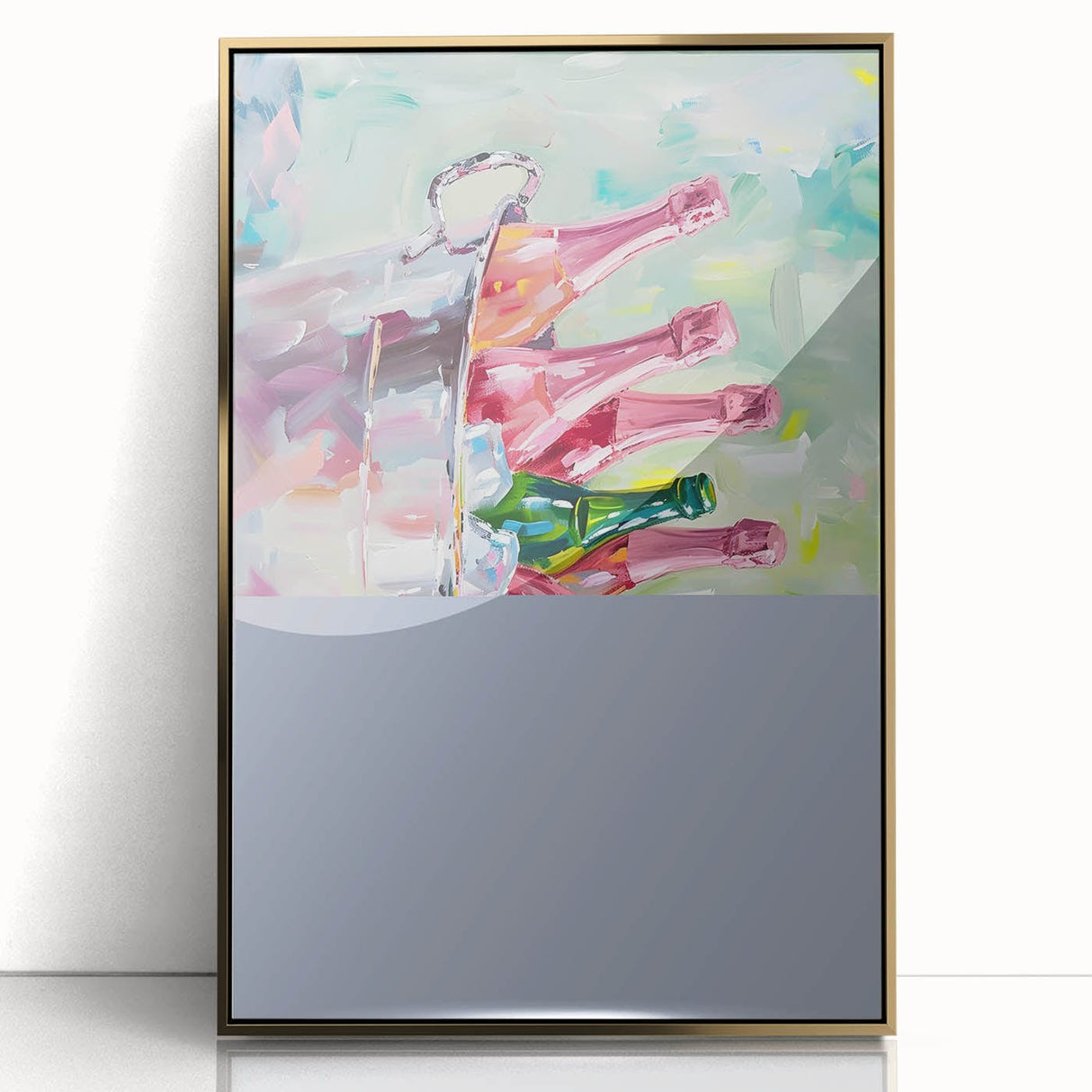 Acrylic print of modern art wall decor featuring an art deco style cocktail, in gold tones.