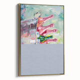 Framed canvas featuring vintage poster art of a landscape with black and gold tones, ideal for bedroom wall decor.