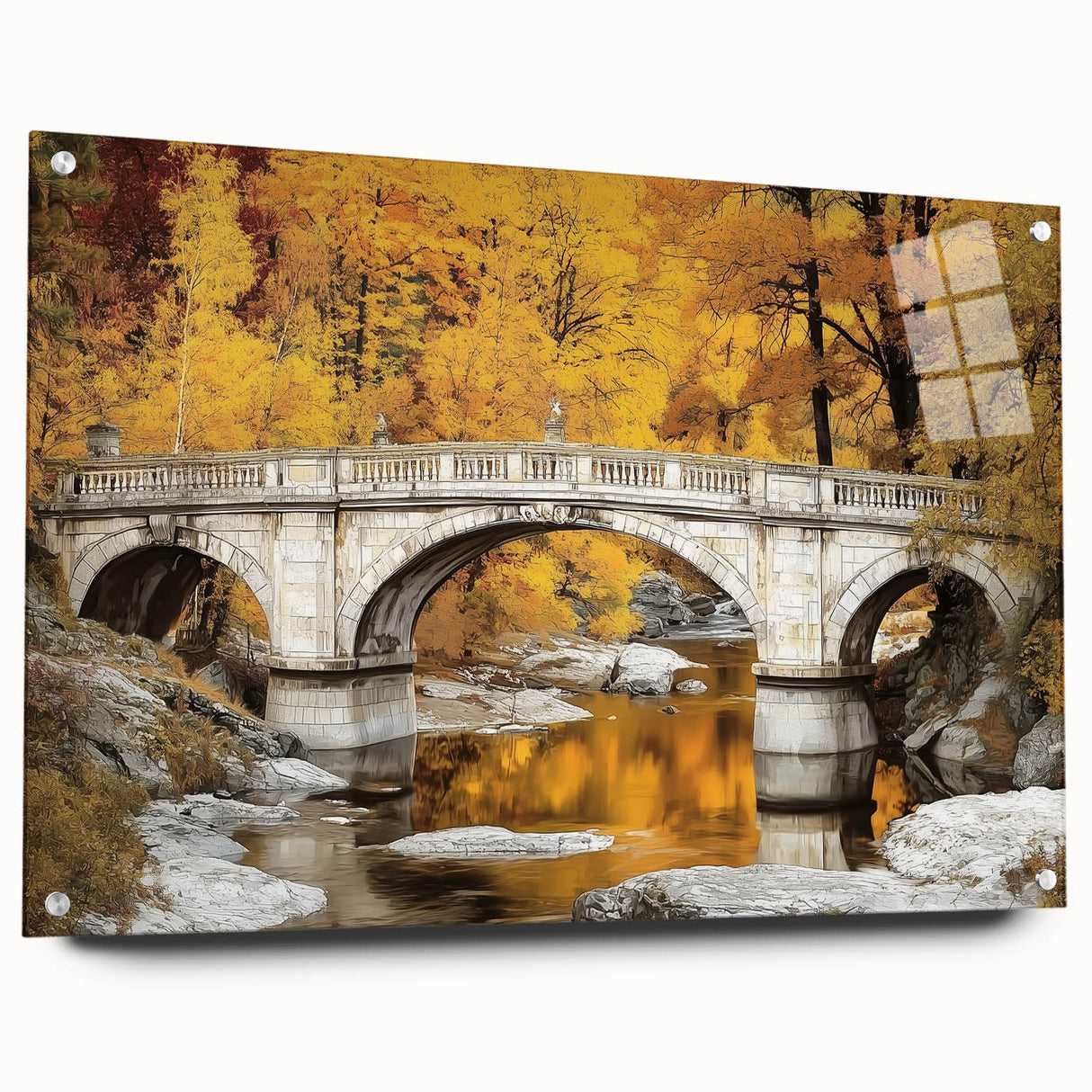 Acrylic landscape bridge model showcasing a side view with visible pins, featuring a sleek glass finish and intricate detailing, ideal for modern decor.