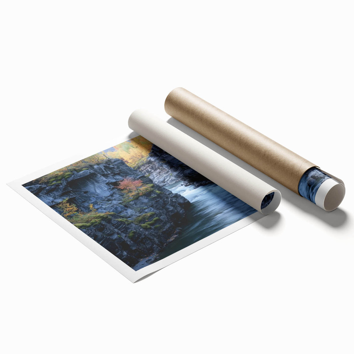 Landscape art print showcasing a vibrant canyon scene with rich earth tones and dramatic rock formations, rolled and ready for display in a protective tube.