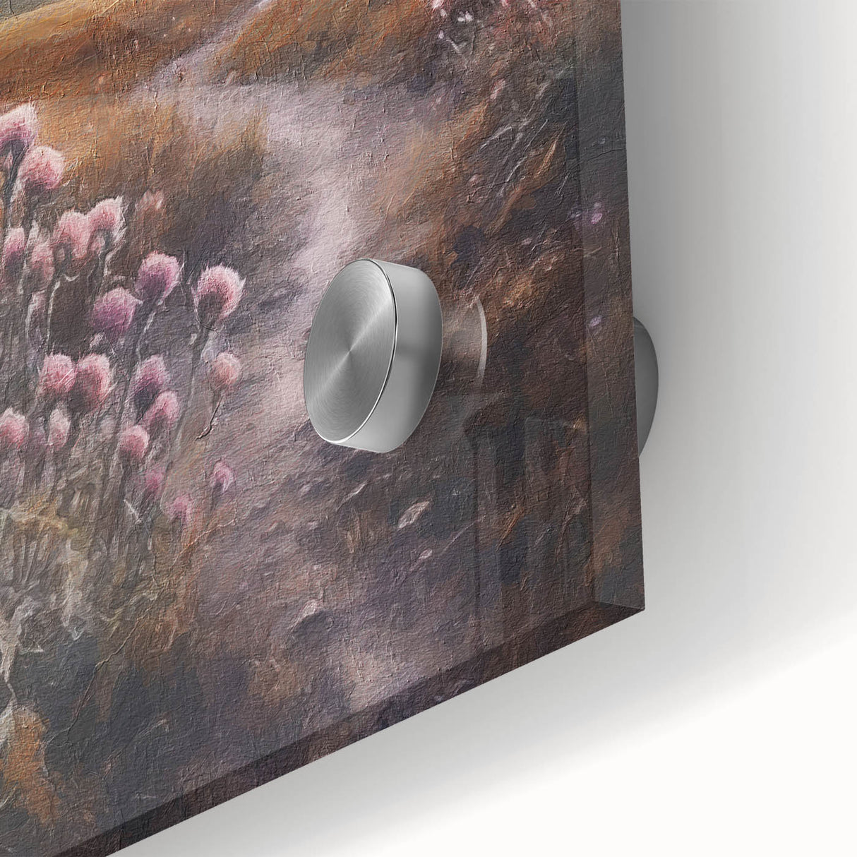 Close-up of a vibrant landscape wall art piece showcasing lush green countryside and a serene sky, printed on acrylic glass for a stunning finish.