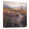 Acrylic glass wall art showcasing a vibrant landscape countryside scene, mounted with pins, featuring lush green fields and a serene blue sky, ideal for home decor.