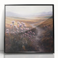 Framed acrylic wall art showcasing a serene countryside landscape, featuring lush green fields and a clear blue sky, with a sleek black frame enhancing its elegance. Perfect for home decor.