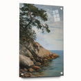 Acrylic glass landscape artwork displayed from the side, showcasing vibrant colors and intricate details, secured with pins for stability and elegance.