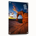 Desert landscape acrylic artwork displayed in a sleek glass frame, showcasing vibrant colors and intricate details, perfect for modern home decor.