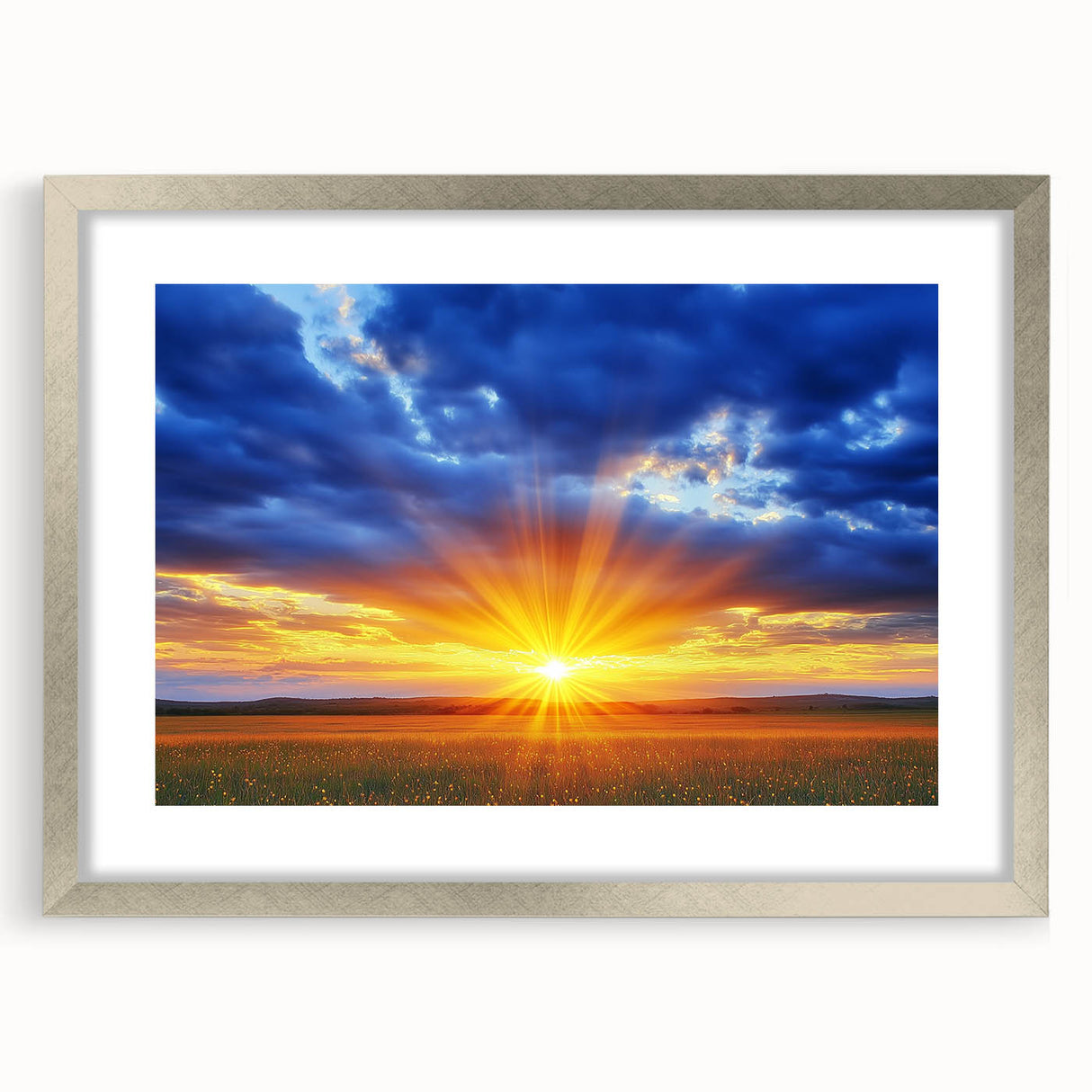Silver-framed landscape artwork displaying vibrant green fields under a blue sky, elegantly matted to enhance its beauty, perfect for home decor or office spaces.