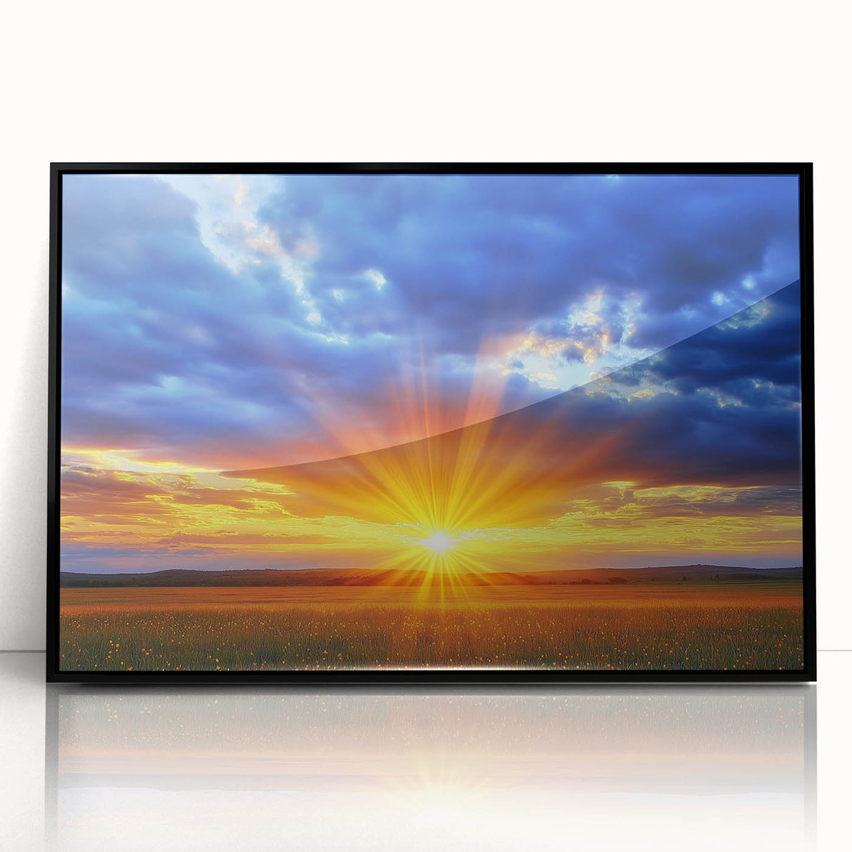 Framed acrylic artwork showcasing a vibrant landscape with lush green fields and a serene blue sky, presented in a sleek black frame, perfect for home decor.