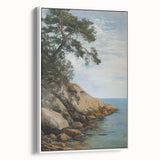 Framed canvas artwork displaying a vibrant landscape design, showcased from a side view, featuring a white frame that enhances the colorful scenery.