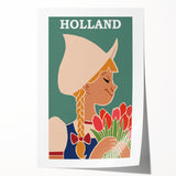 Vintage Holland Travel Poster – Dutch Girl with Tulips Art