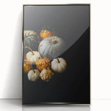 Mid-century modernist art depicting autumn trees in muted orange and brown tones, silver-framed acrylic print.