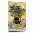 Large abstract wall art on acrylic glass depicting swirling blue and yellow tones, ideal for bedroom or dining room decor.