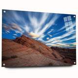 Acrylic glass artwork showcasing a vibrant landscape with dramatic cliffs, displayed from a side view and secured with decorative pins, perfect for modern decor.