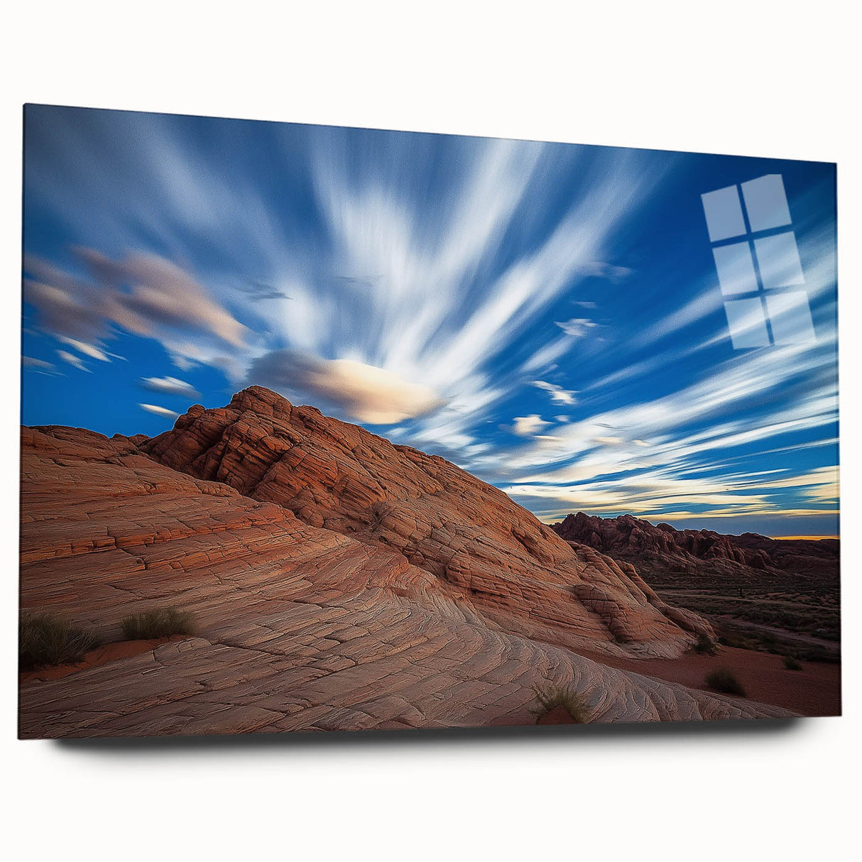 Acrylic landscape artwork depicting dramatic cliffs and a serene sky, presented in a side view without pins, ideal for modern home decor.