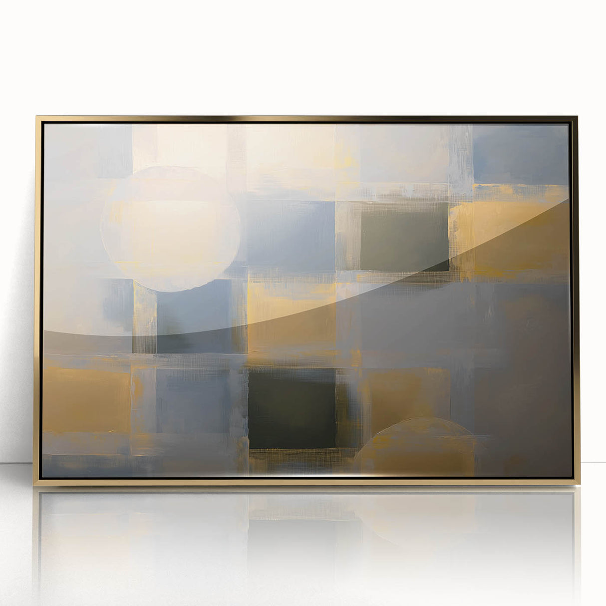 Abstract geometric wall art design in a sleek gold frame, showcasing bold shapes and vibrant colors, ideal for modern decor and artistic expression.
