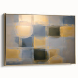 Abstract geometric framed canvas artwork featuring gold accents on a modern design, displayed in a stylish side view. Perfect addition for contemporary home decor.