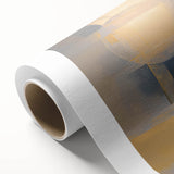 Abstract geometric rolled canvas artwork featuring vibrant blue, orange, and yellow shapes, elegantly packaged in a protective cardboard tube for easy display and transport. Perfect for modern home decor enthusiasts seeking a unique focal point.