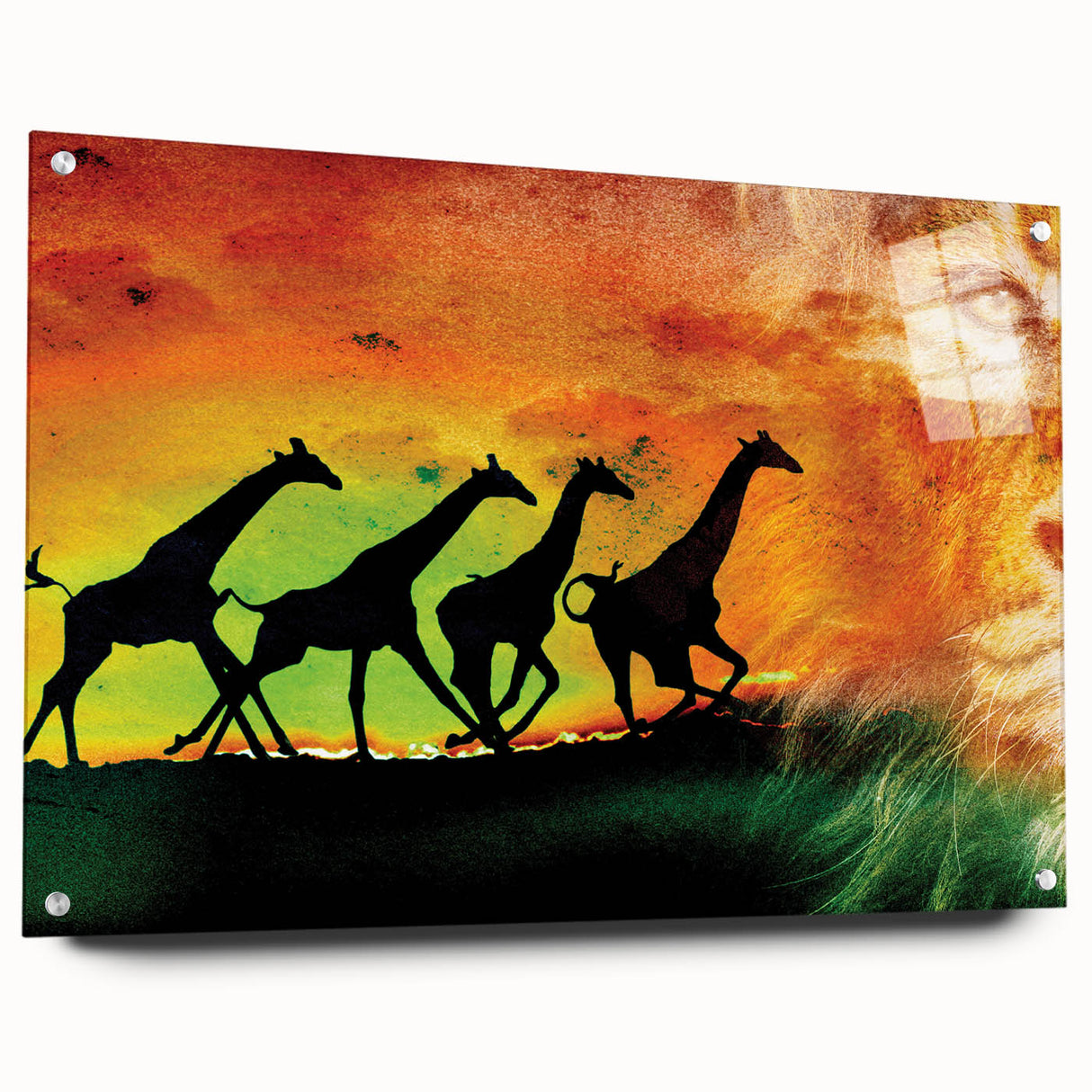 Acrylic glass artwork depicting a vibrant animal design, showcased from the side view with decorative pins, ideal for modern home decor and art enthusiasts.