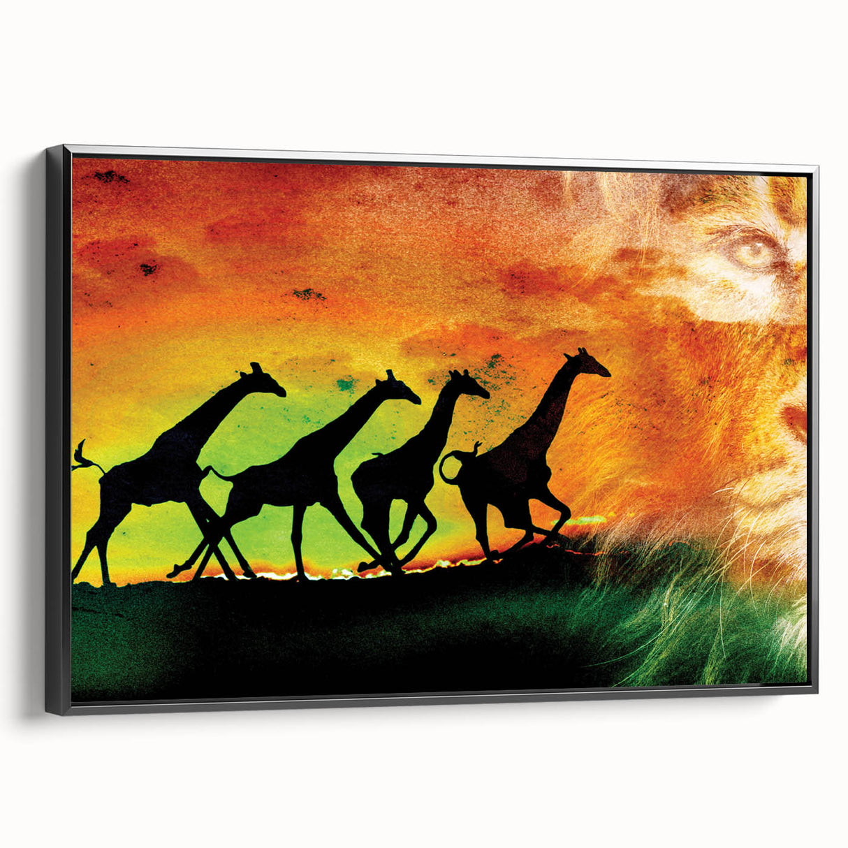 Framed canvas artwork showcasing a vibrant design of various animals in a colorful, abstract style. The piece features a sleek black frame and is captured in a side view, highlighting its depth and texture, perfect for enhancing any modern home decor.