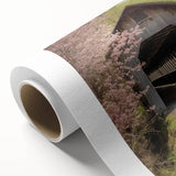 Art deco style covered bridge in muted brown and green tones on rolled canvas, ideal for nursery wall art.