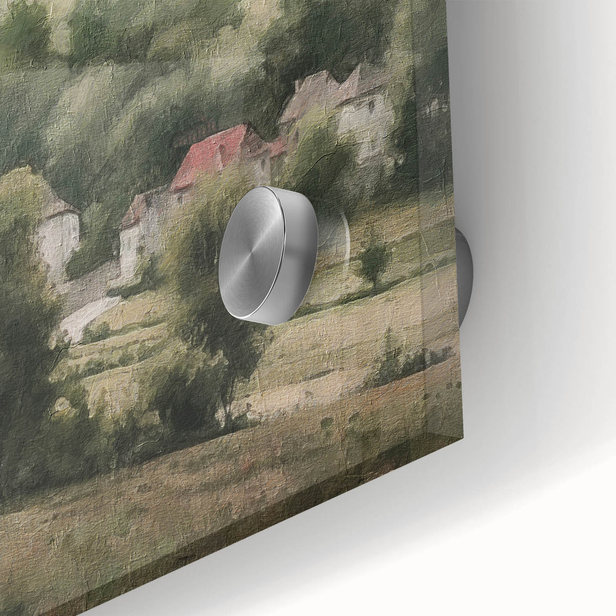 Close-up of a vibrant countryside landscape wall art piece, showcasing lush greenery and serene hills. The acrylic glass finish enhances color depth for an eye-catching display.