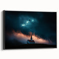 Framed canvas artwork depicting a serene countryside landscape with rolling hills and vibrant greenery, featuring a sleek black frame for a modern touch.