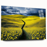 Acrylic glass artwork showcasing a serene landscape of lush green fields under a clear blue sky, designed for side-view display without pins. Perfect for modern home decor.