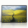 Framed acrylic artwork showcasing a serene landscape with lush green fields and a clear blue sky, designed to enhance home decor with a modern touch.
