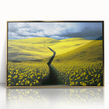 Framed acrylic artwork depicting a serene landscape of golden fields under a blue sky, ideal for home decor and enhancing interior aesthetics.